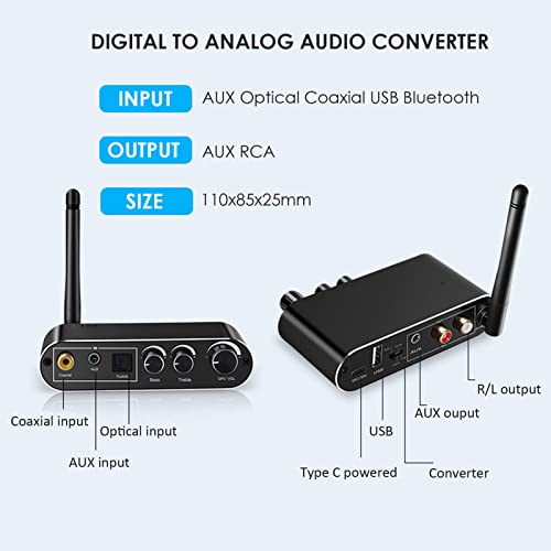 Digitális-Analóg Audio Converter, Digitális AUX/Optikai/Koaxiális Analóg L/R RCA Átalakító Konverter DAC a Bass, Treble, illetve