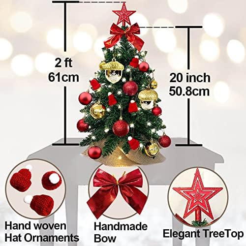 Stcomart Mini Mesterséges karácsonyfa Lámpák, Dísztárgyak, Kis Asztali karácsonyfa, Piros, 24 Inch