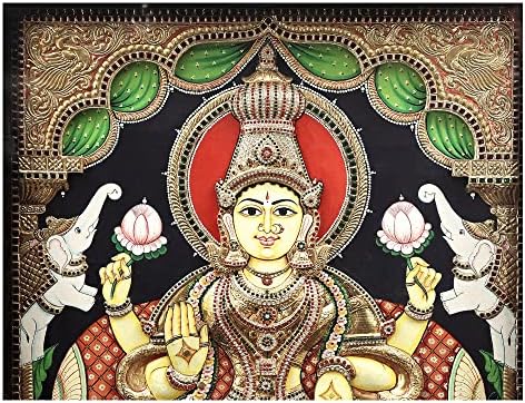 Egzotikus India Gajalakshmi Rajta egy Szuperfinom Saree Tanjore Festmény | Hagyományos Színek, 24 karátos Arany | Tíkfa
