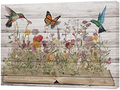 Rusztikus Kolibri Wall Art Giclee Nyomtatás Parasztház Kolibri Virág, Pillangó Kép, Fali Dekor Modern Vászon Műalkotások Fa
