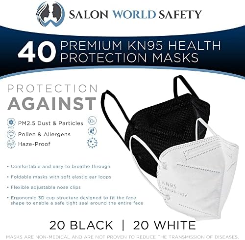 Szalon Világ Biztonsági KN95 Védő Maszkok, Csomag 20 Fehér & 20 Fekete - Szűrő Hatékonyság ≥95% - Os, 5-Rétegek, Egészségügyi 5-Rétegű Nem