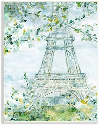 Stupell Iparágak Akvarell Eiffel-Torony Festmény Puha Zöld Levél Fák Falon Emléktábla, 10 x 15