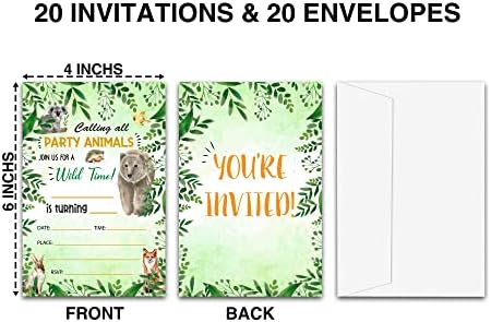 LeFohLon Safari Szülinapi Meghívókat, 20-Pack kétoldalas Dzsungel Állatok Szülinapi Meghívó Kártya, Borítékok, Gyerek Party Kellékek - E03