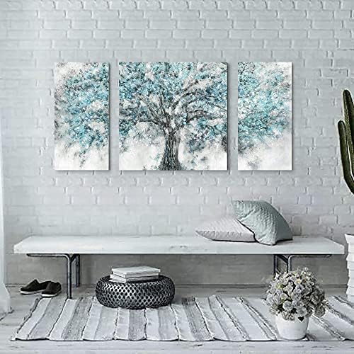 dupla fák Hálószoba Absztrakt Vászon Wall Art: Nappali Modern Blue Tree Kép Virág Táj Textúra Nyomtatás 3 Darab Ezüst Fólia Kézzel Festett