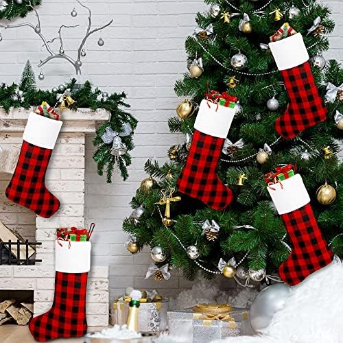 AerWo Karácsonyi Harisnya Tömeges 6 Csomag, 18 cm-es Piros, illetve Fekete Bivaly Kockás Karácsonyi Dekoráció, Rusztikus Parasztház Karácsonyi