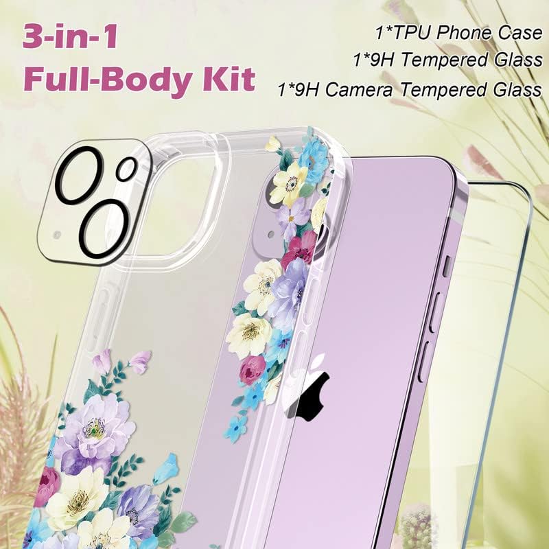 OKP Tiszta Virág az iPhone számára, 14, a Képernyő Védő & Kamera Lencséjét Védő, Vékony Ütésálló Virágos Mintás Apple Telefon 6.1 colos védőtok
