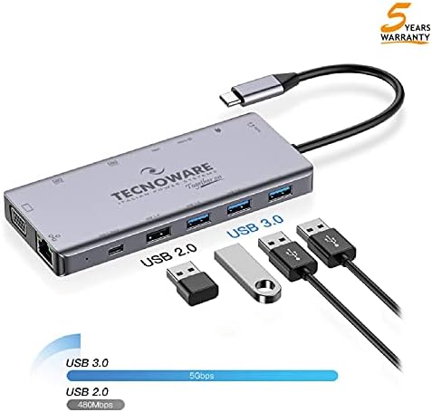 Tecnoware Hub USB Típus-C, 13 1 Adapter Kompatibilis a MacBook, Laptop, iPad, Windows, Huawei ecc. 13 Port: USB 2.0/3.0, USB-C-Típusú,