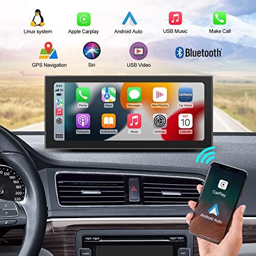 NINETOM Hordozható 8.8 hüvelyk Vezeték nélküli Carplay & Android Auto érintőképernyő, Apple Carplay Képernyő Autó Sztereó Rádió Vevővel, Bluetooth