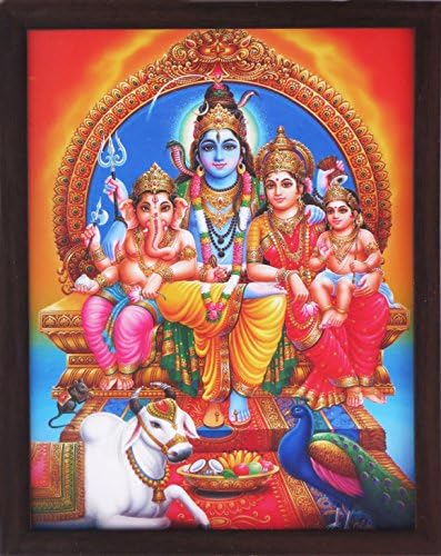 Shiva az Egész Család Ül a Trónon, Míg Nandi, valamint Páva Ül, a lába előtt.Egy Posztert, Festményt, a Keret, a Hindu Vallásos Istentisztelet