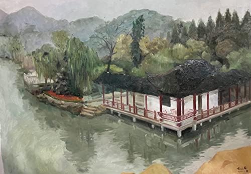 Nagy, Kézzel készített 37x32 olajfestmény a Klasszikus Suzhou Kert a tó mellett, Vászon által Művész Yang Sihang