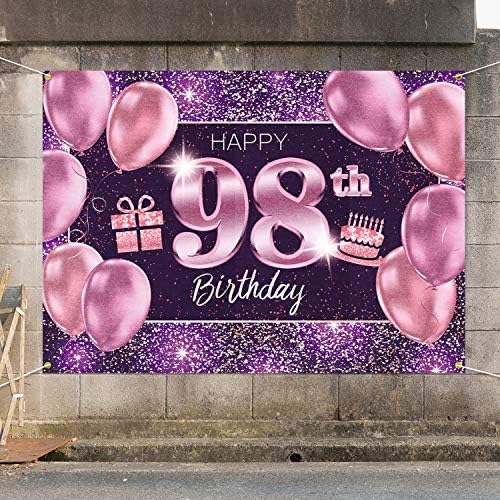 PAKBOOM Boldog 98 Szülinapom Banner Háttérben - 98 Születésnapi Party Dekorációk, Kellékek a Nők - Rózsaszín, Lila, Arany, 4 x 6 láb