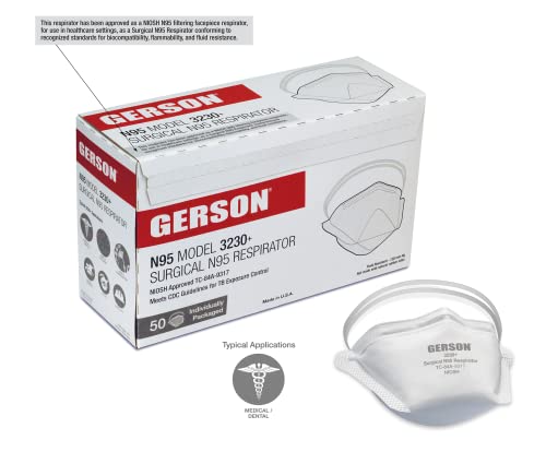 Gerson FDA által Elszámolt Sebészeti N95 Tok Légzőkészülék (3230+), NIOSH által Jóváhagyott, Made in Usa, Egy Méret, 50 Gázmaszk/Doboz,