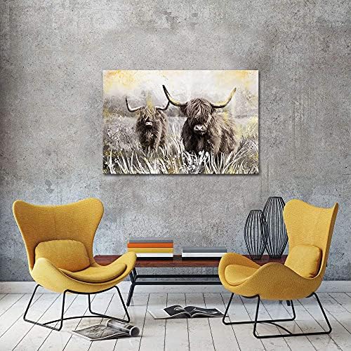 Derkymo Highland Tehén Kép, Fali Dekor Vászon Művészeti Texas Longhorn Szarvasmarha Mű Parasztház Dekorációk, Keretes Könnyű Lógni