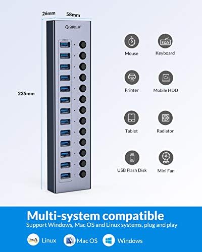 USB 3.0 Hub ORICO Powered 13 Portok USB-Hub az Egyes Kapcsolók Jelző, 12V-os Adapter Támogatás BC1.2 Töltő, USB Kiterjesztés Pro, iMac,