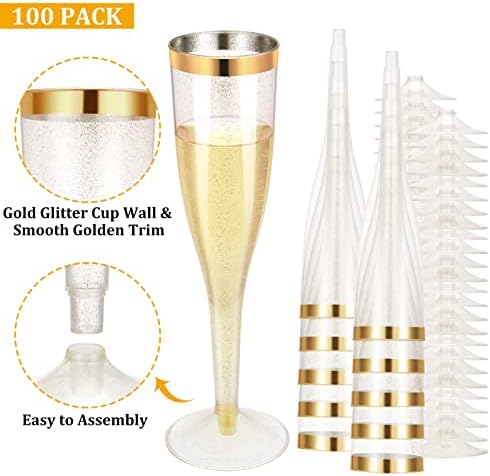 Honeydak 100 DB Műanyag pezsgőspoharak Eldobható Esküvői Pezsgős pohár 6.5 OZ Fél Csésze Bor Arany Glitter Mimóza Koktél