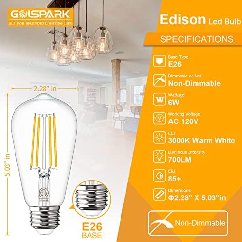 Évjárat Edison LED Izzók E26 Szabványos Bázist, Golspark 3000K Puha, Fehér 6W, E26 LED Izzó 60 Watt Egyenértékű, Kerti Antik ST58 Végtelen Tiszta