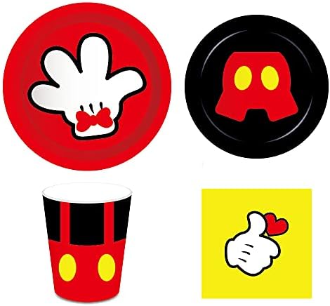 Mickey party kellékek, Mickey szülinapi dekoráció készlet tartalmaz eldobható tányérok, desszert tányér, pohár, szalvéta, befogadóképessége
