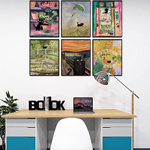 Fura, Fekete Macska Wall Art Készlet 6 Vintage Monet Matisse Vászon retro Grafika, Plakátok Szoba Esztétikai Nappali, Fürdőszoba, Hálószoba