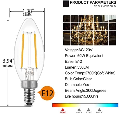 Energikus B11 E12 Gyertyatartót LED Izzók 60 Watt Egyenértékű, Szabályozható LED Csillár Izzók, Puha, Fehér 2700K, 550LM, Dekorációs Gyertya