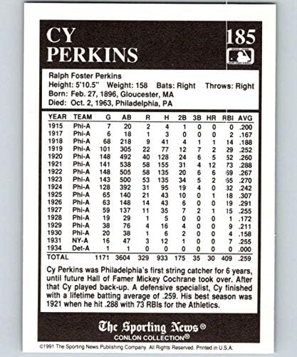 1991 Conlon Gyűjtemény MLB Logó Sorozat Egy 185 Cy Perkins Philadelphia Atlétika MLB Hivatalos Kártyára A Sport Hírek, Nyers (NM