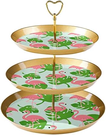 3 Tier Torta Állvány, Flamingo Monstera Levél Desszert Kijelző Torony, Műanyag Kerek Süti Jogosultja Z Tálcát Esküvő, Születésnap