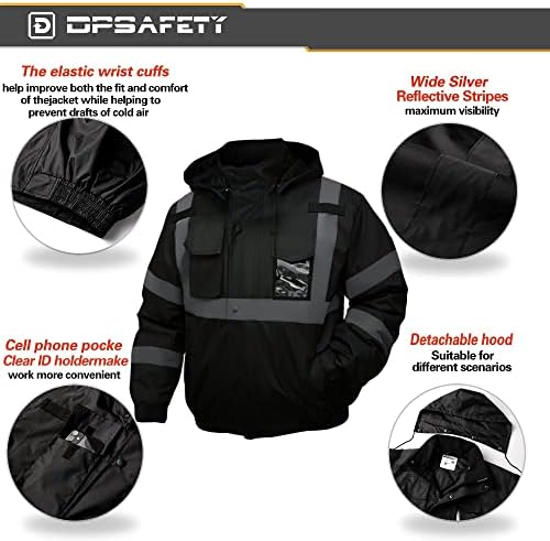 DPSAFETY biztonsági kabát, magas Fényvisszaverő Láthatósági Kapucnis dzseki, Hi-Vis Bomber Kabát Zsebbel, Cipzárral