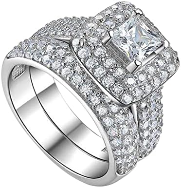 2db Meghatározott Pár Hercegnő Tér Gyémánt Meghatározott Gyűrű Divat Luxus Eljegyzés, Esküvő Ékszer a Nők Funky Gyűrű (Ezüst, 6)