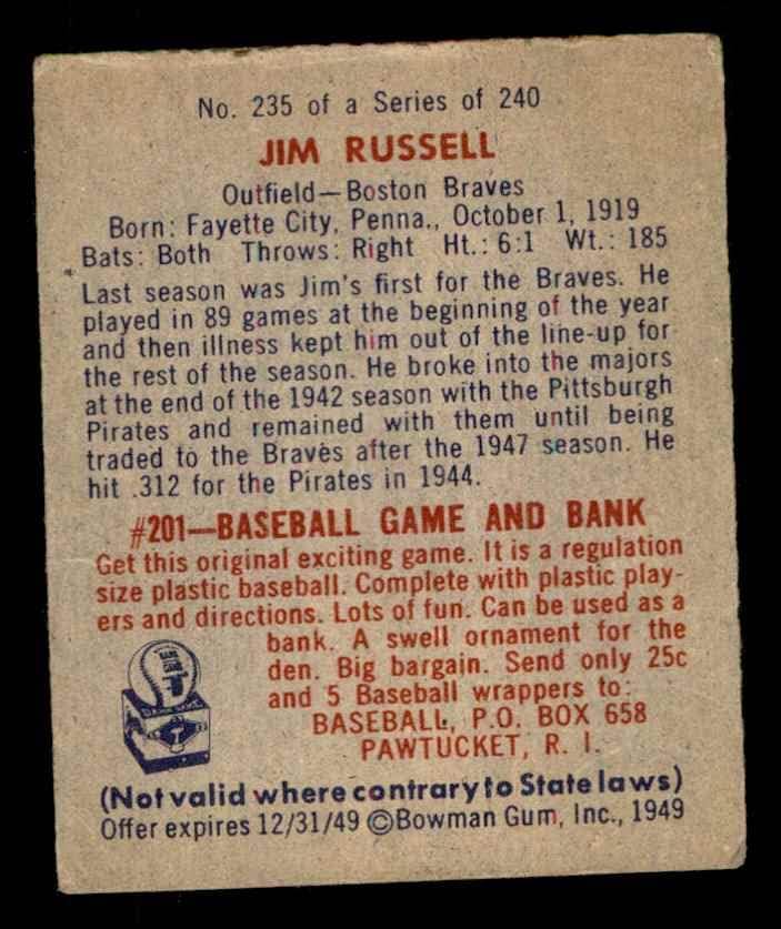 1949 Bowman 235 Jim Russell Boston Braves (Baseball Kártya) VG Bátrabbak
