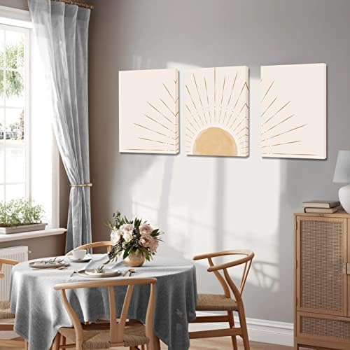 Bohém Wall Art Set 3, Keretes Vászon Wall Art Sárga Nap Emelkedik a Horizont Geometriai Jellegű Illusztrációk Line Art-Fal, a Század