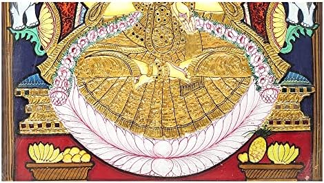 Egzotikus India 17 x 21 Padmasana Gajalakshmi Tanjore Festmény | Hagyományos Színek, 24 karátos Arany | Tíkfa Keret