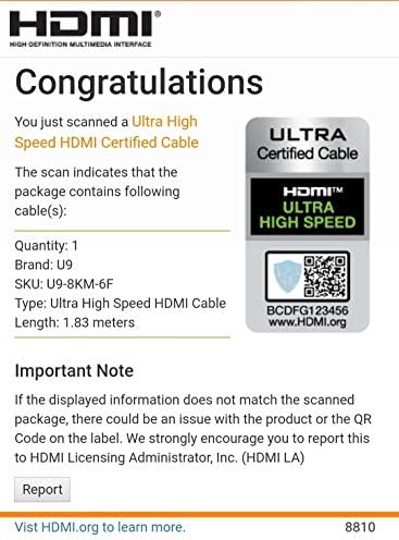 U9 Szakmai 8K Hitelesített Ultra High Speed HDMI Kábel v2.1 48Gbps 8K60Hz 4K120Hz eARC ARC HDR ALLM VRR | 2m / 6.6 láb | U9-8KM-6F