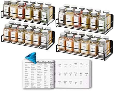 Neatsure 4 Csomag Mágneses fűszertartó 48 Fűszer Üvegek, 400 Fűszer Címke, Tölcsér, Alternatív Mágneses Fűszer Tins Konténerek, Hűtőszekrény