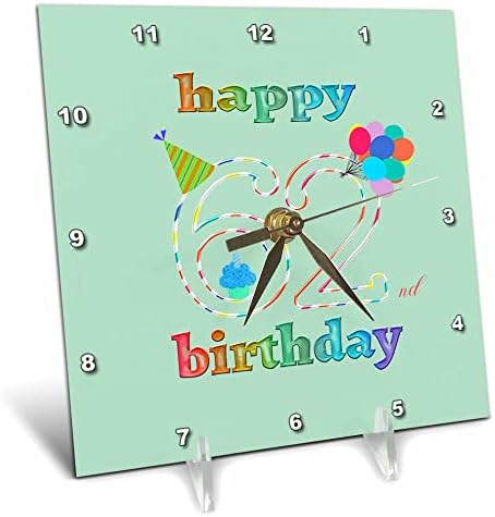 3dRose Boldog 62 Születésnapot, Süti a Gyertyát, Lufi, Kalap. - Desk Órák (dc_351671_1)
