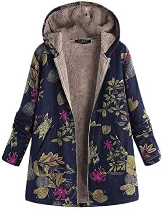 Andongnywell Női Téli Meleg Kabát Divat Alkalmi Outwear virágmintás Kapucnis Zsebbel Vintage Túlméretes Kabátok (Haditengerészet,XX-Nagy)