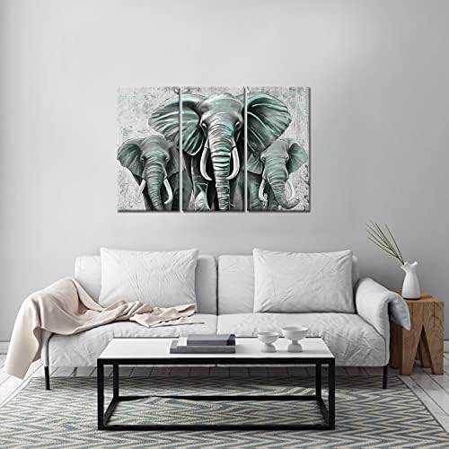 RyounoArt 3 Darab Elefánt Képeket, Fali Dekor Szürke Teal Elefánt Család Ujjlenyomat, Vászon Afrikai Állat Kép illusztráció Nappali