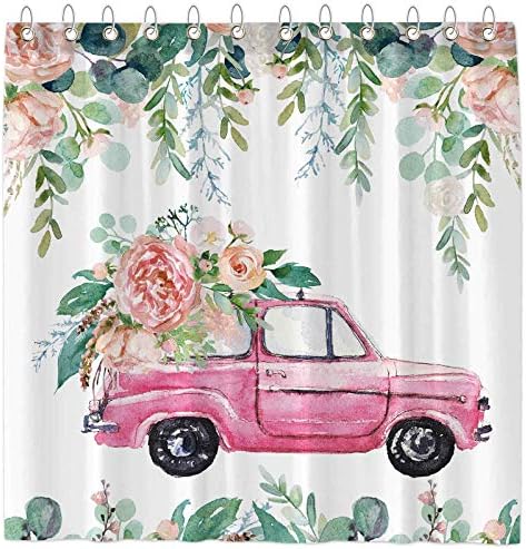 Funnytree Tavaszi Teherautó zuhanyfüggöny Fürdőszobai Rózsaszín Parasztház Virágos Levelek Haza Fürdőkád Függöny Dekor Szett