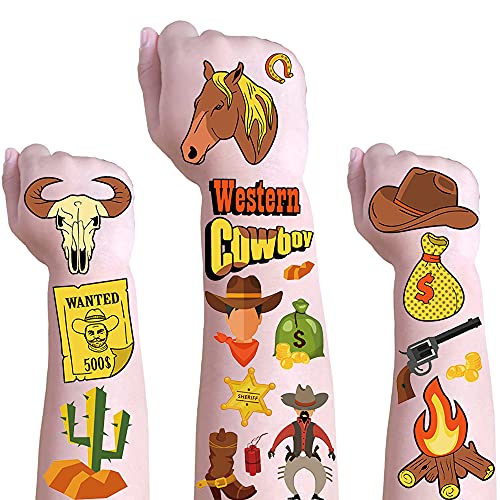 Mocossmy Cowboy Ideiglenes Tetoválás Gyerekeknek,6 Lap 77PCS Western Cowboy Gitár Tehén Kaktusz Vízálló Hamis Tetkó Test Dekoráció
