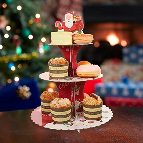 HEMOTON Esküvői Dekoráció Karácsonyi Cupcake Állvány Torony 3 Tier Karton Muffin Állvány Mikulás Torta Állvány Kerek Desszert