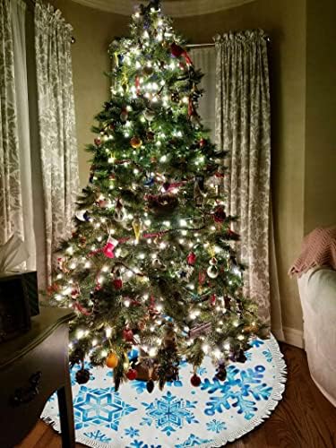Vantaso karácsonyfa Szoknya Akvarell Kék Hópelyhek 30 hüvelyk Bojtos Dekoráció, Rusztikus Parasztház Kis karácsonyfa Mat