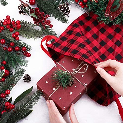 Aneco 3 Csomag Karácsonyi Ajándék Pamut Csomagolás Zsák 15.5 x 11.8 Cm Buffalo Kockás Húzózsinórral Fél Javára Tasak Candy Kezelni Táska