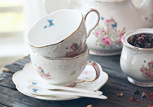 Jusalpha® Jól Kína Virág Sorozat Tea Szett, Tea Csésze Csészealj Szett Teáskanna Melegítő - Szűrő, Kanál, 16pcs 1 készlet (16pcs szett)