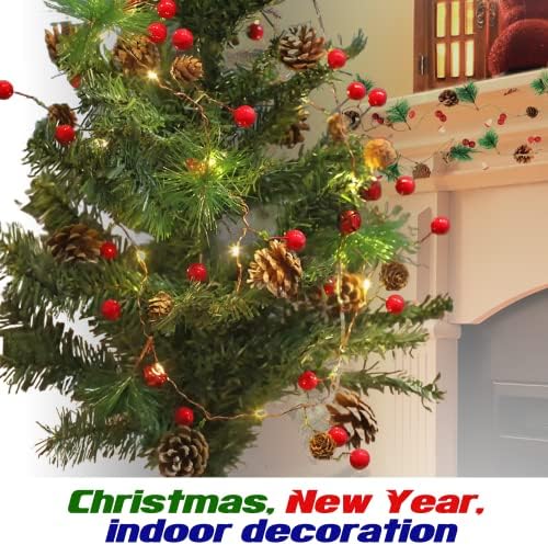 Karácsonyfa string világítás, Karácsonyi Koszorú Dekoráció fények, 9.84 FT 30LED Xmas Toboz Piros Bogyó, Gomba Fények elemes Karácsony,