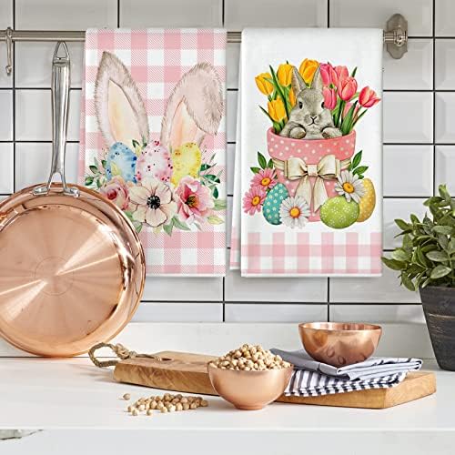 AnyDesign Húsvéti Konyha Törölközőt Húsvéti Nyúl, Nyuszi, Tojás Virágos konyharuha Akvarell Rózsaszín Fehér Bölény skótkockás anyagokkal