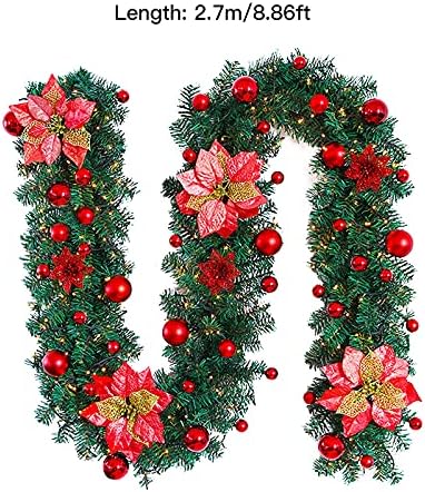 Tökéletes Karácsonyi dekorációs ajándék,9ft Karácsonyi Mikulásvirág Garland 50 Fények,Prelit Karácsonyi Koszorú Zöld Szabadtéri