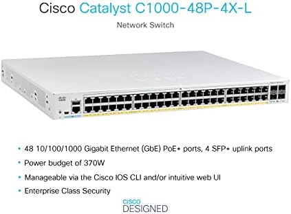 A Cisco Catalyst 1000-48P-4X-L Hálózati Kapcsoló, 48 Gigabit Ethernet PoE+ Portok, 370W PoE Költségvetés, 4 10G SFP+ Uplink Port, Megerősített