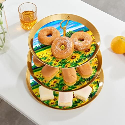 Torta Állvány Szett 3 Tier Cupcake Áll Újrafelhasználható Süteményes Tál Esküvő, Születésnap Tea Party Dekoráció, olajfestmény Napraforgó