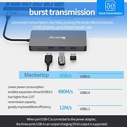 Mackertop USB-C Hub 10 az 1-ben Típus C Adapter,10 az 1-ben USB-C Hub 4K HDMI, VGA, 60W PD, RJ45 Ethernet, 3 USB 3.0 Portok, TF/SD