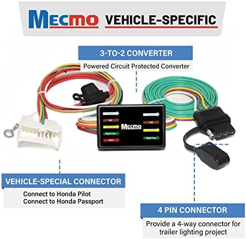 MECMO 4-Pin Pótkocsi kábelkorbács a -2022 Honda Pilot & 2019-2022 Honda Passport, 56291 T-Csatlakozó Jármű Oldalán Vontató Hám Pótkocsi