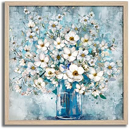 Hálószoba decor wall art, keretes wall art, kék váza, fehér virág fal a művészet célja a művészek, lóg, konyha, Nappali dekoráció