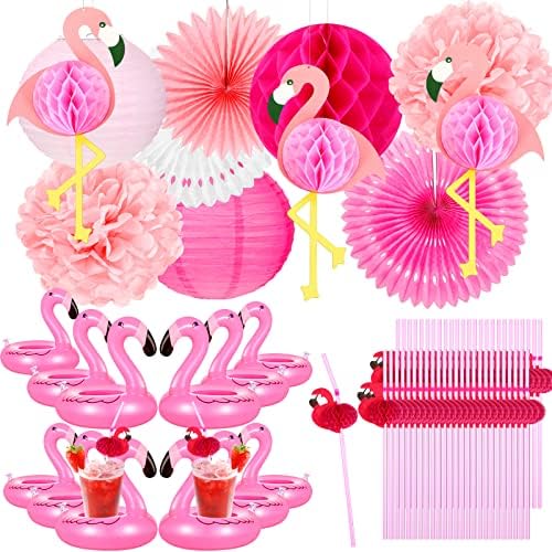 Trópusi Rózsaszín Flamingó Parti Dekoráció Készlet, Pom Pomot Honeycomb Golyó Papír Ventilátorok Lámpások, 50 Műanyag Szívószállal
